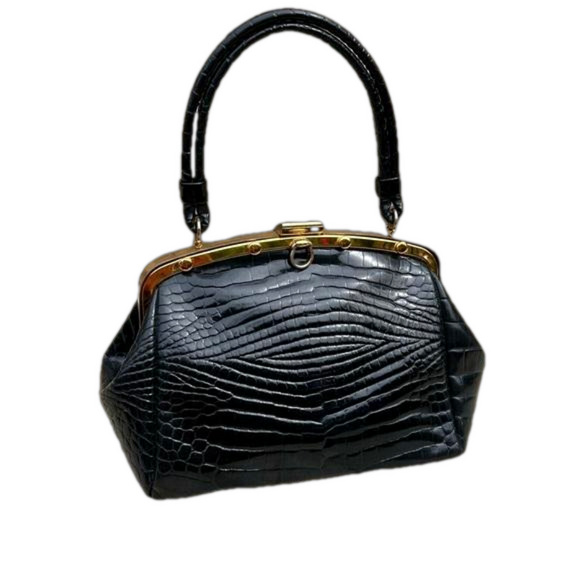 VINTAGE WA Weymouth American made in England black leather handbag purse - Picture 2 of 11